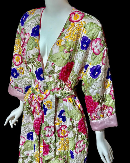 MARY MCFADDEN vintage quilted floral robe, 1980s bold flowers wrap front full length long robe, medium