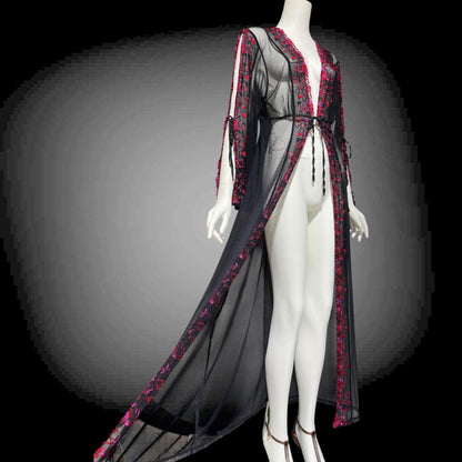 JACALYN BENNETT, Vintage 1990s lace mesh robe, FREDERICK'S of Hollywood, sheer black mesh dressing gown