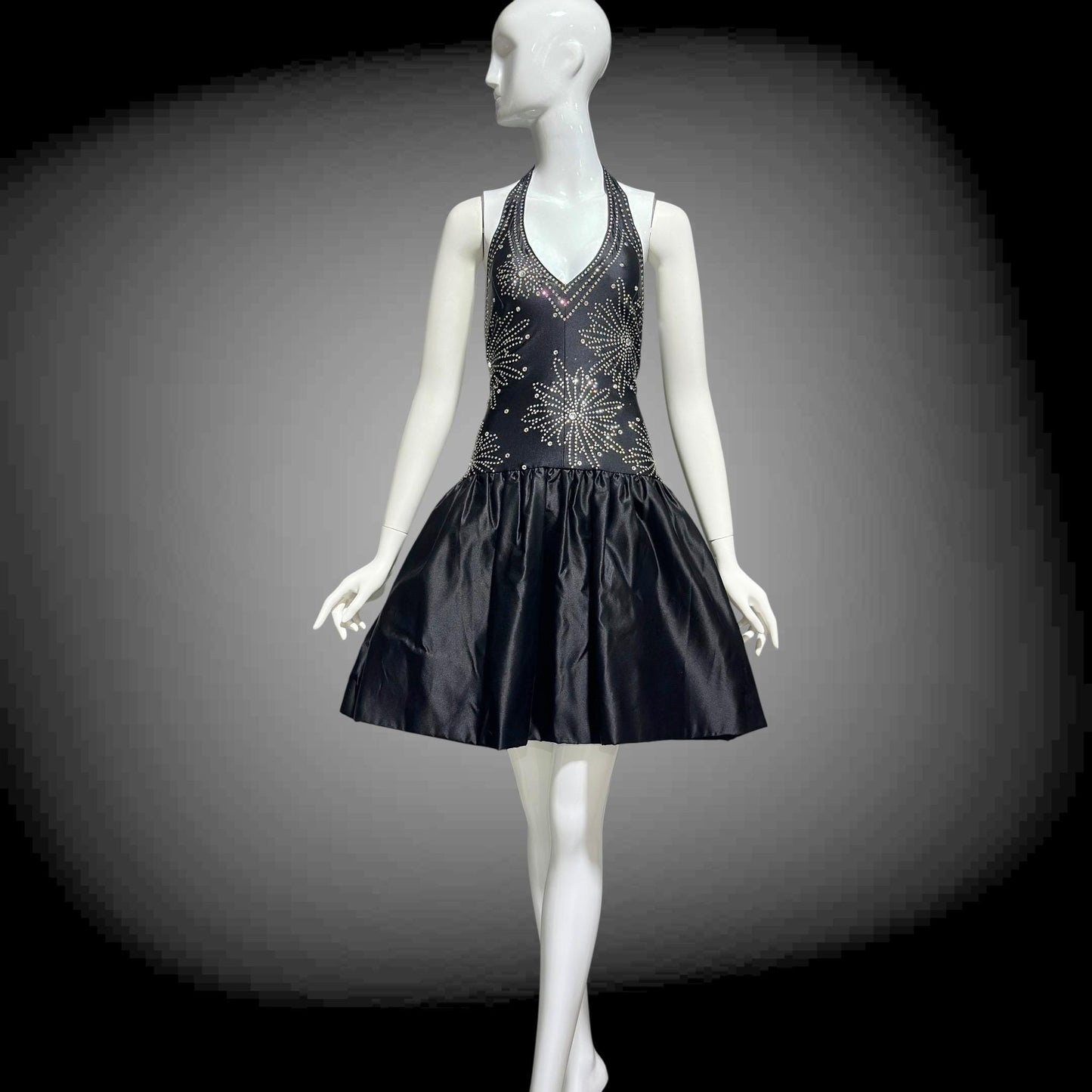 1970s Halter Party Mini Dress: Vintage black bubble skirt with rhinestone studs