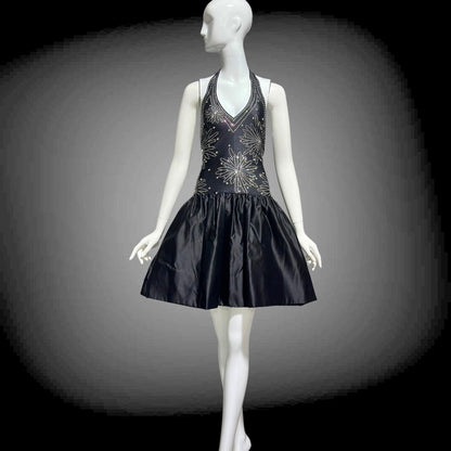 1970s Halter Party Mini Dress: Vintage black bubble skirt with rhinestone studs
