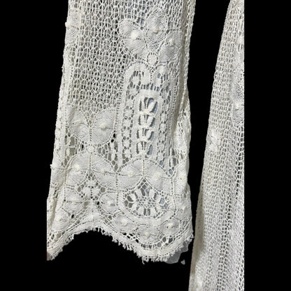 1970s vintage crochet maxi dress, white cotton open knit bridal wedding dress, Victorian style gown