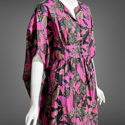 DESIGN THAI BANGKOK, vintage 1960s caftan dress, maxi party dress, hot pink butterfly print silk dress