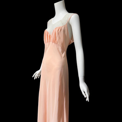 LAURA LANE, vintage 1940s nightgown slip dress, Shiny petal pink bias cut night dress, full length