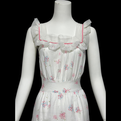 PHIL-MAID, vintage 1940s nightgown, pink blue white floral cone-bell combed cotton house dress, New Old stock
