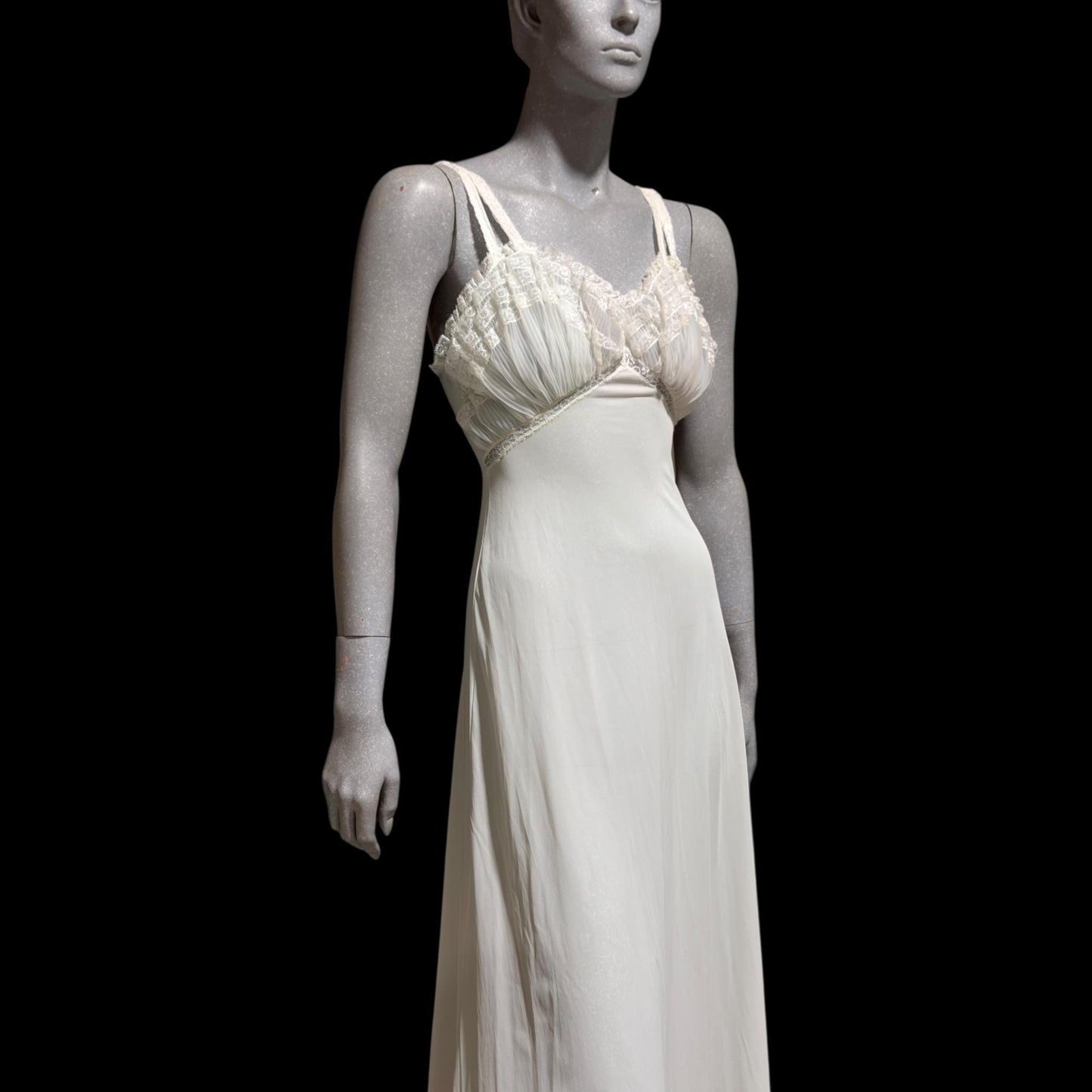 YOLANDE vintage Nightgown slip dress, 1940s white full length ruffled nylon lingerie dress