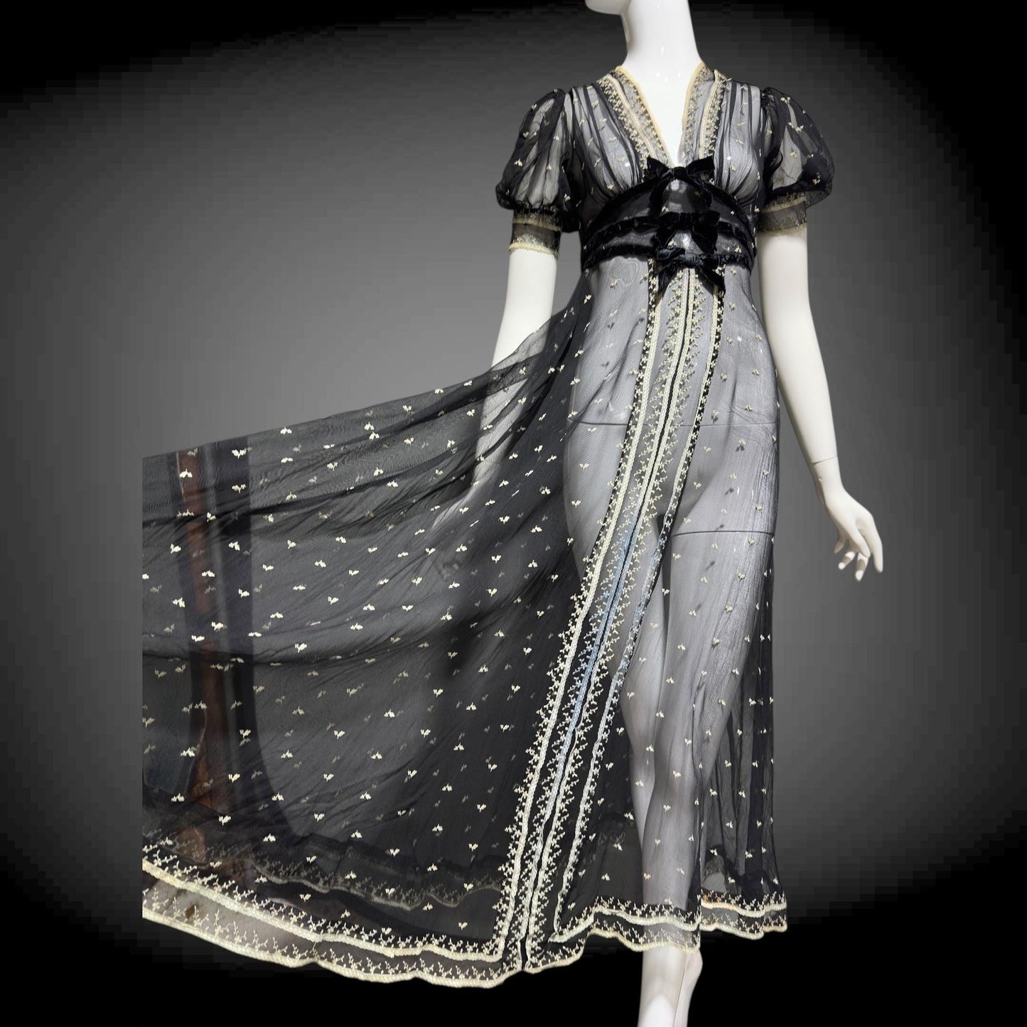 1930s Vintage Sheer Lace Evening Dress: Black embroidered babydoll Dress