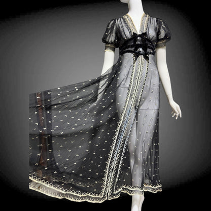 1930s Vintage Sheer Lace Evening Dress: Black embroidered babydoll Dress