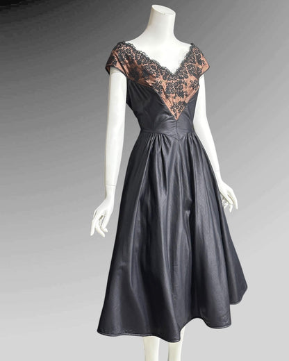 DOROTHY O'HARA, vintage 1950s dress, Black polished cotton and lace fit and flare cocktail party evening dress