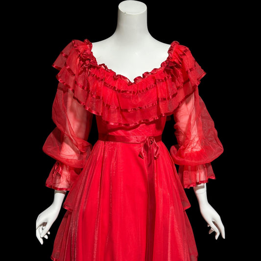 DANCE ALLURE, vintage 1980s evening dress, RED off-the-shoulder prom gown, ruffled tiered skirt