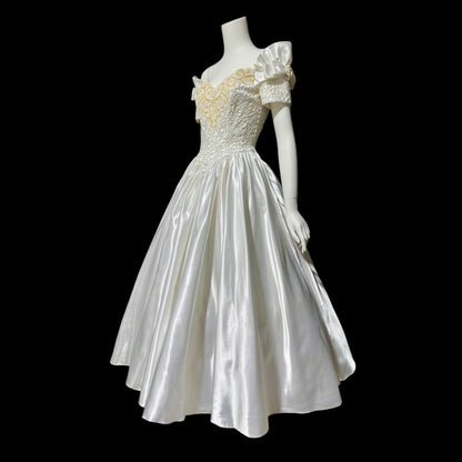 MIKE BENET, vintage 1980s evening dress, shiny white satin sequins prom wedding ball gown