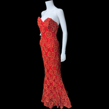 ALYCE DESIGNS, vintage 1980s evening dress, cherry red strapless sheath mermaid gown, bodycon and eyelash lace