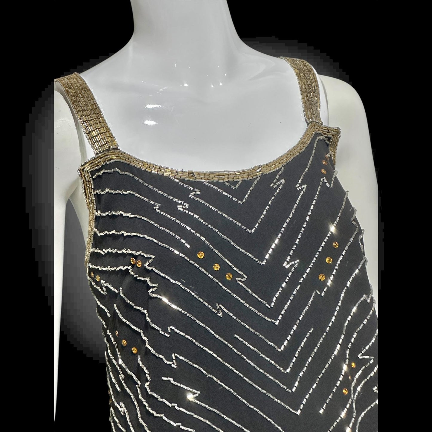 1980s Beaded Silk Sheath Gown: Vintage Black with silver and amber beading, Evening Dress
