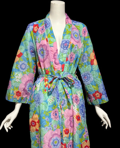 STELLA FAGIN, vintage 1960s Robe, Long Airy Blue and Pink Embossed Flower Wrap Front dressing gown