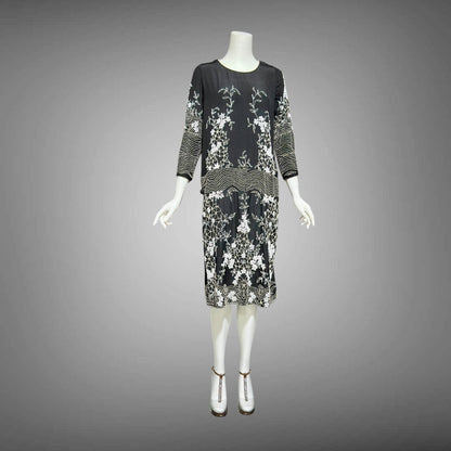 HOUSE OF ADAIR, vintage 1920s dress, black and white shift beaded flapper dress, heavy beading 