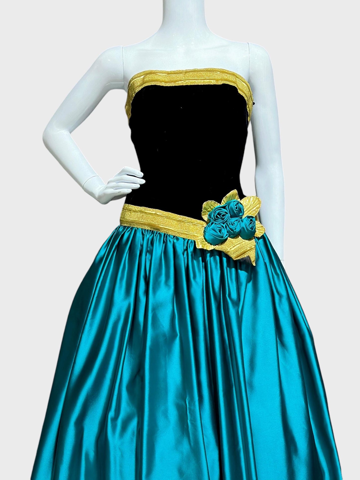 EUGENE ALEXANDER for Neiman Marcus, 1980s evening dress, black & teal rosette ball gown