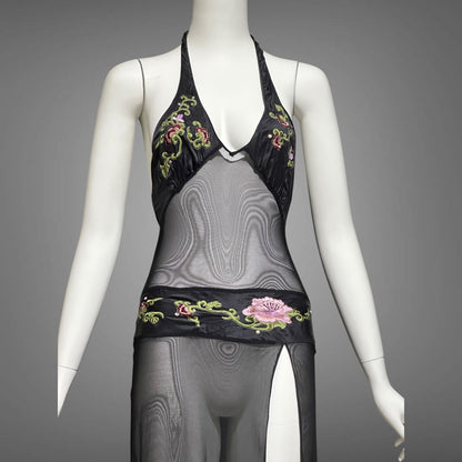 JACALYN BENNETT for FREDERICK'S of Hollywood, vintage Y2K nightgown slip dress, black silk and mesh