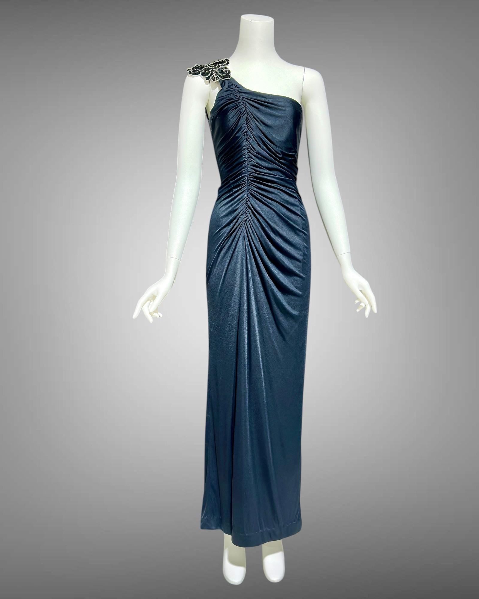 EUGENE ALEXANDER 1980s vintage Slinky Black sheath evening dress, One Shoulder Grecian Goddess gown