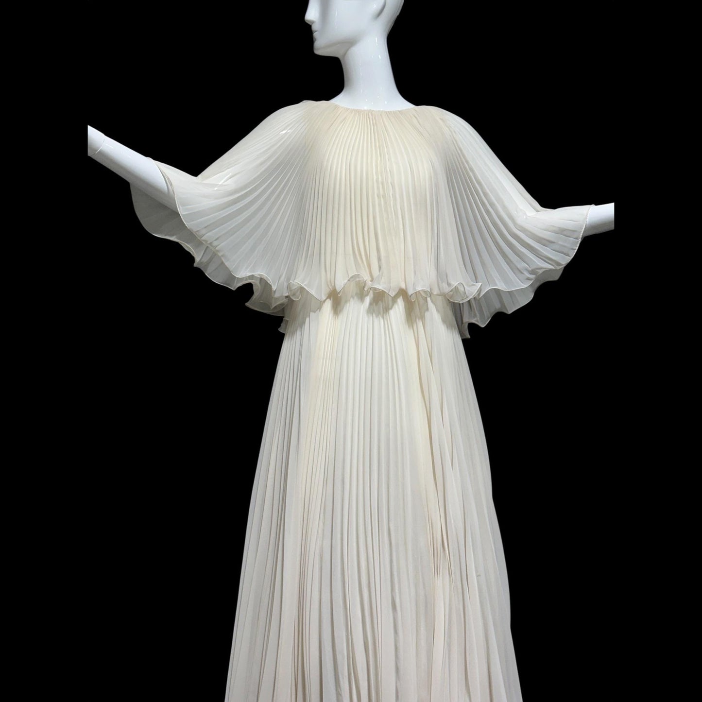 1960s vintage evening dress gown, almond white lace pleated dress, ruffled cape collar