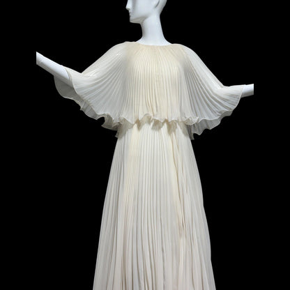 1960s vintage evening dress gown, almond white lace pleated dress, ruffled cape collar