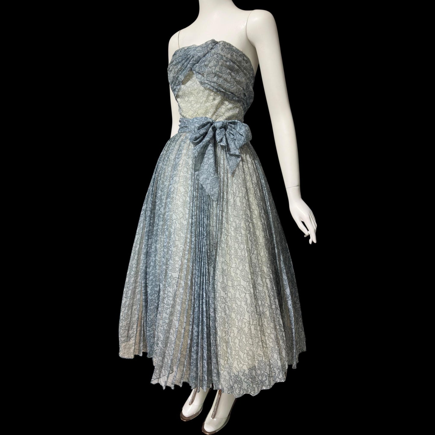 1950s vintage Pleated Party Dress: Slate Blue Grey floral strapless Cocktail Prom Dress