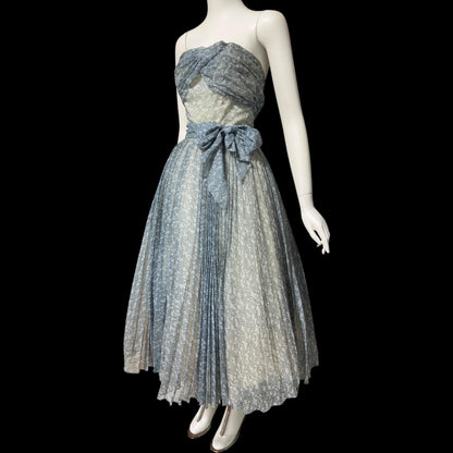 1950s vintage Pleated Party Dress: Slate Blue Grey floral strapless Cocktail Prom Dress