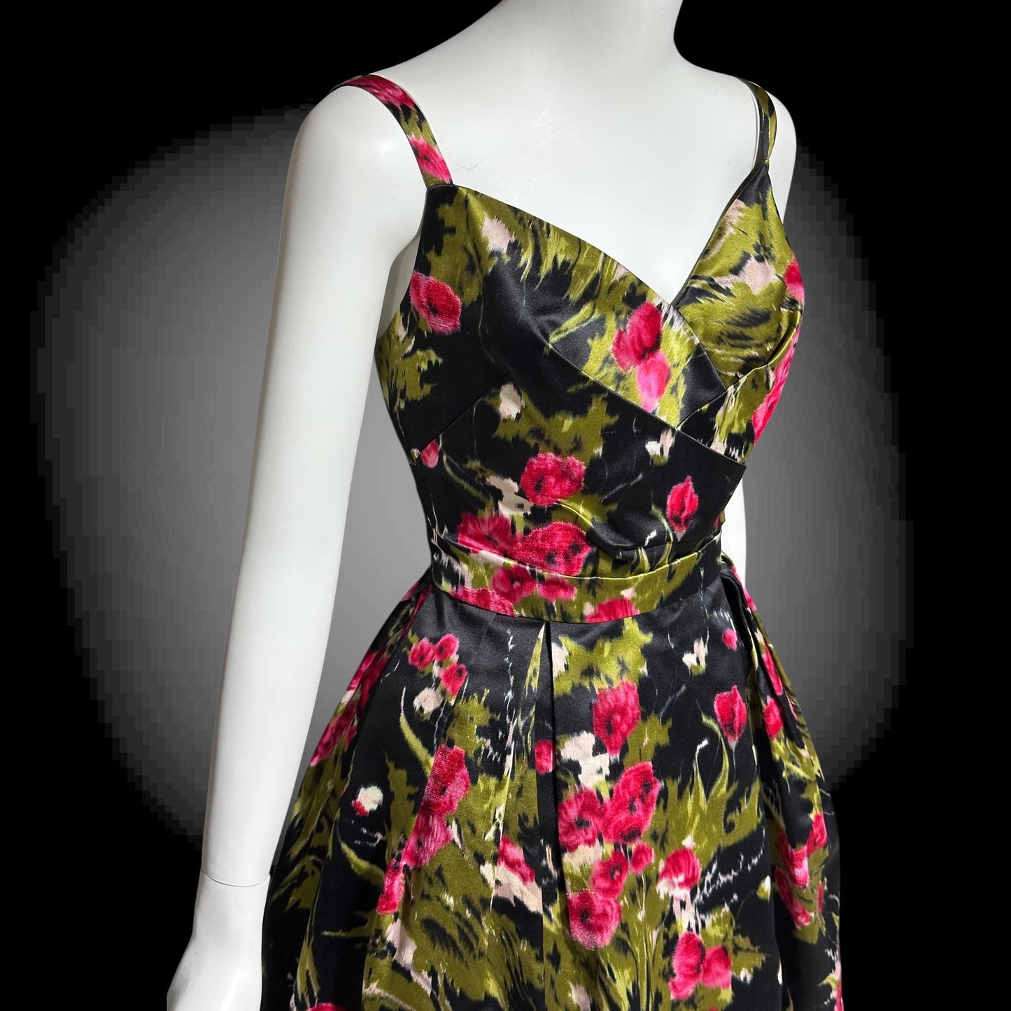 I. MAGNIN vintage 1950s evening dress, black floral cocktail party dress, Black with magenta poppies