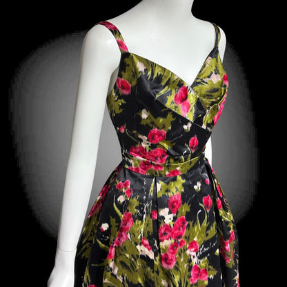 I. MAGNIN vintage 1950s evening dress, black floral cocktail party dress, Black with magenta poppies