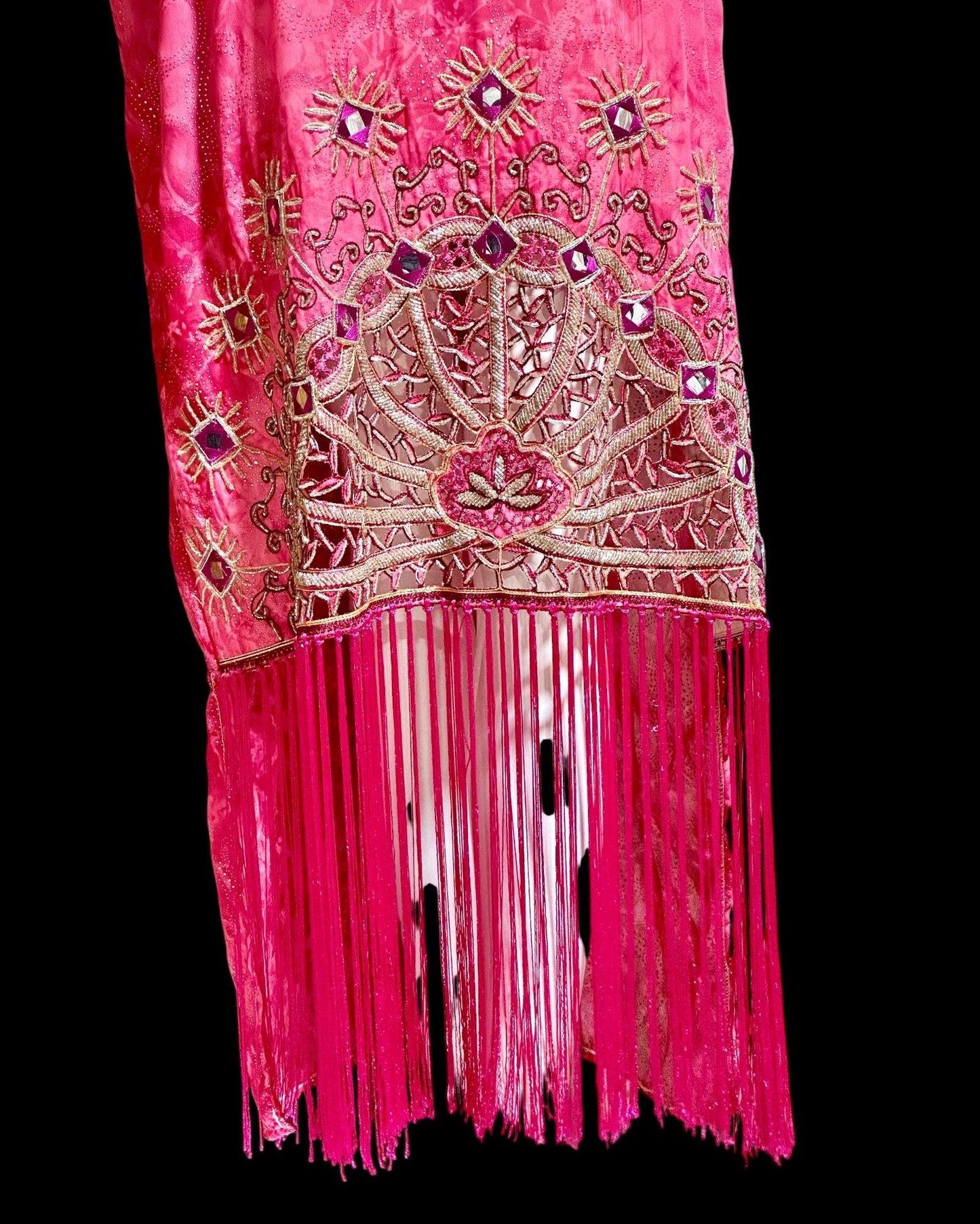 I MAGNIN 1980s vintage caftan dress, embroidery, beads, mirrors & cut work, sheer pink evening kaftan gown with Fringe