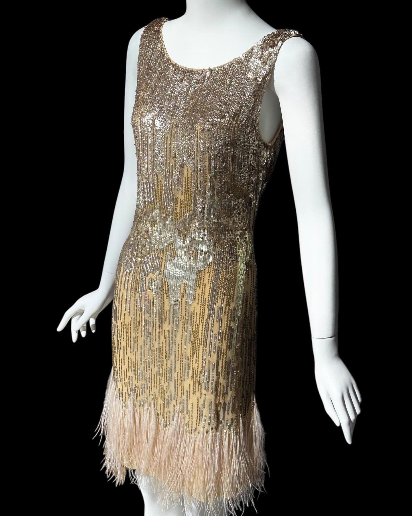 Y2K Gold sequins & pink feathers flapper style party cocktail dress, Custom Made Slip Tank Dress