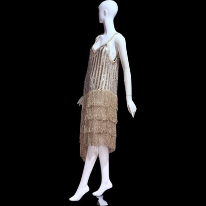 FRANK USHER vintage 1980s evening dress, Silver sequin and fringe cocktail flapper slip dress