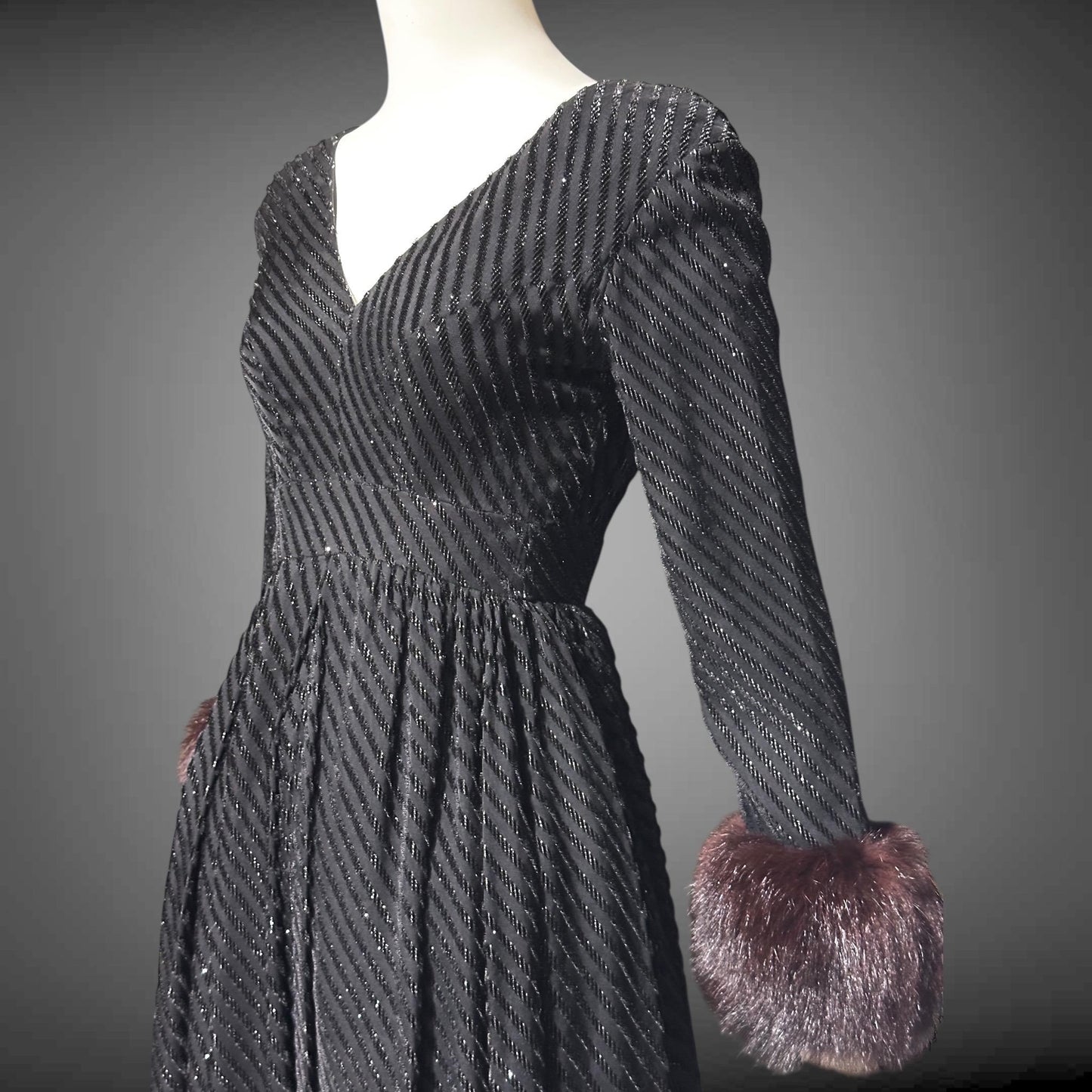 LILLIE RUBIN Vintage 1970s evening gown, Black eye lash Sparkly Gown with Fur Cuffs