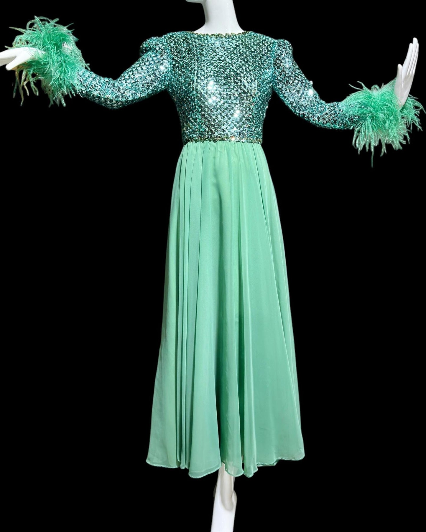 Custom Made, vintage 1970s evening dress gown, sea green chiffon and sequin ball gown with Ostrich Feathers