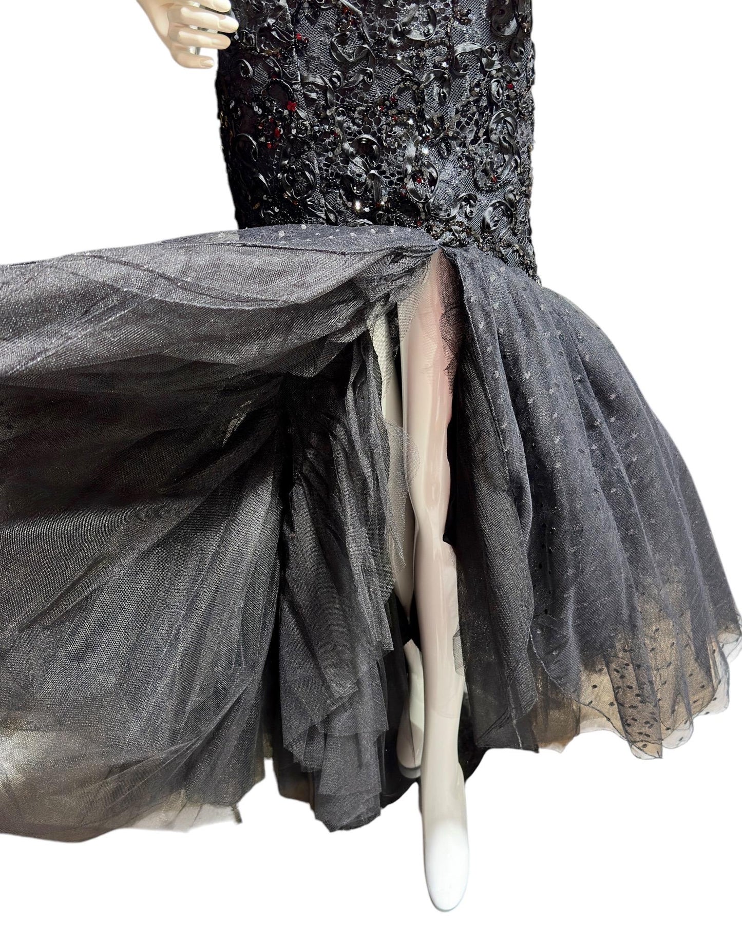 DAVID FIELDEN, vintage evening dress gown, 1980s Neiman Marcus, Black Mermaid sequin gown, Strapless