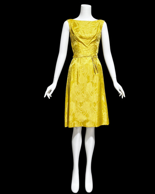 SUZY PERETTE vintage 1960s silk Cocktail  dress, gold embossed wiggle madmen party dress