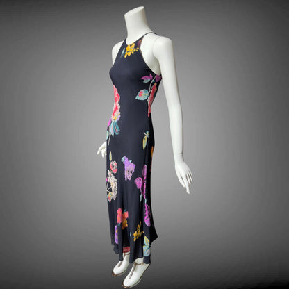 1990s vintage bias cut dress, Bodycon rose flower print evening sheath slip dress, maxi dress