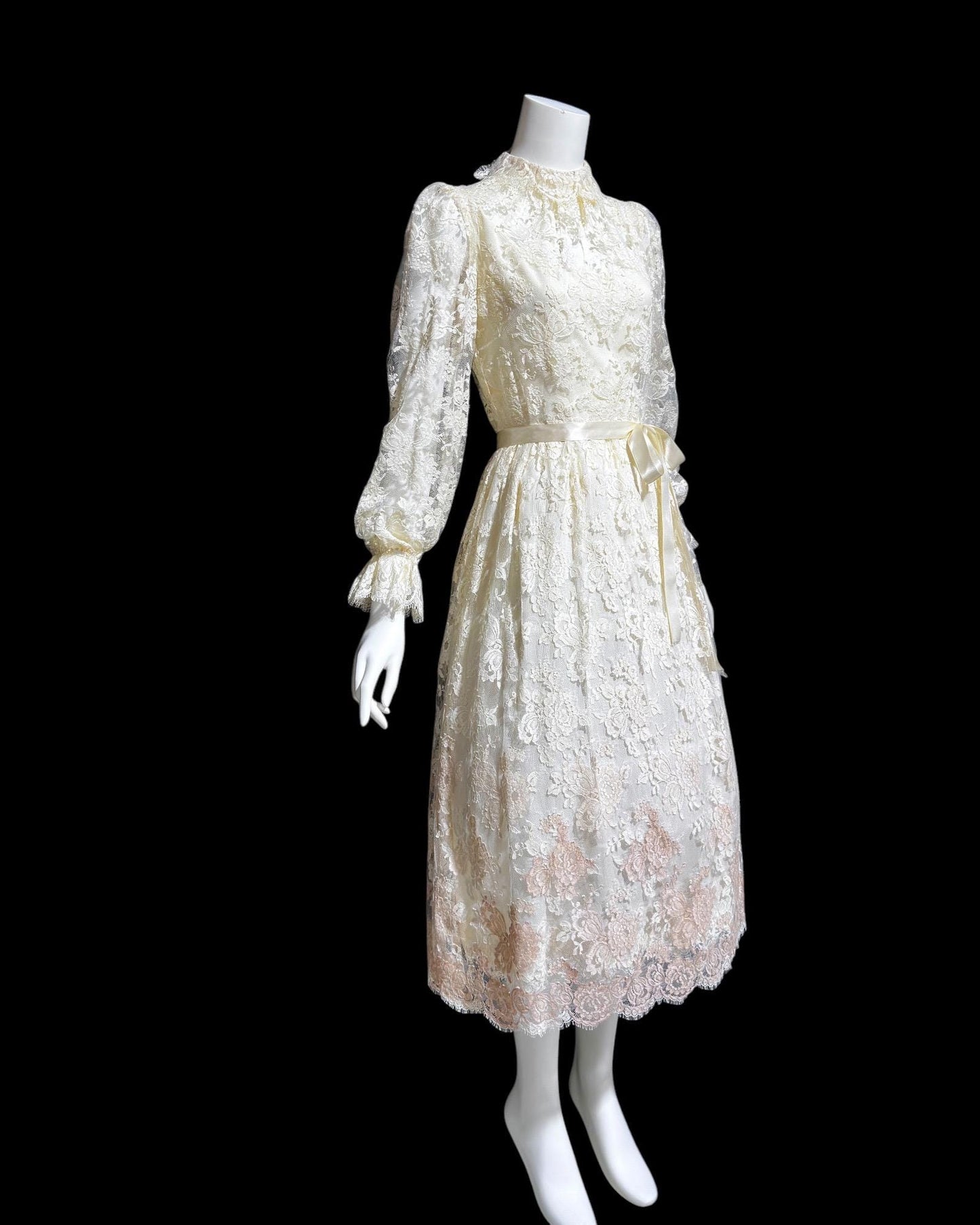 TRAVILLA vintage 1970s ivory lace dress, for ISABEL GERHART boho wedding party dress