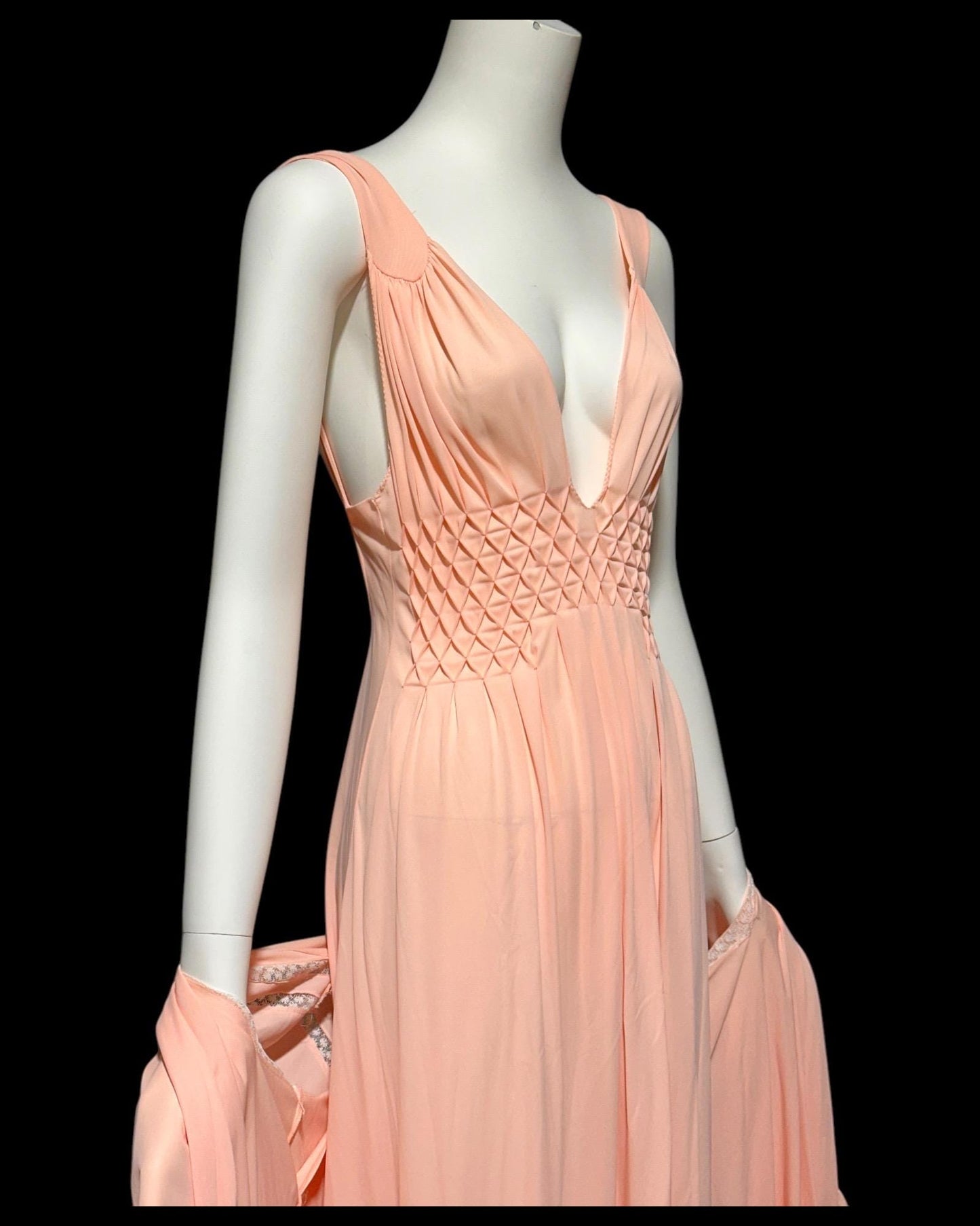 BLANCH by Ralph Montenero, Lord & Taylor, 1960s vintage peachy pink nightgown slip dress and dressing gown,   peignoir set