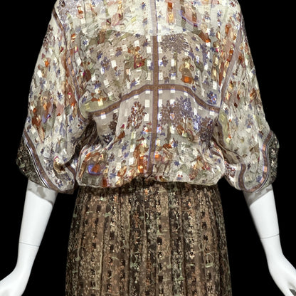 MOLLIE PARNIS, vintage 1970s evening dress, brown silk blouson formal gown