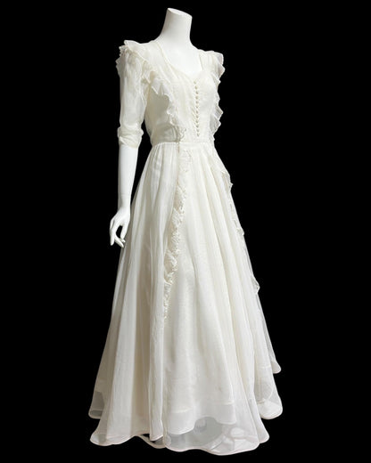 1940s vintage evening dress, White mesh ruffle wedding prom dress with full skirt