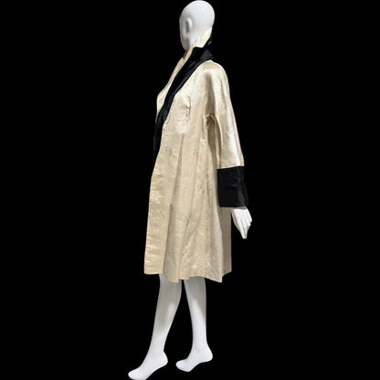 1950s Vintage evening swing coat, Reversible pearl and black shiny silk damask butterfly opera coat