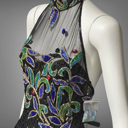 J REYNOLDS DESIGNS, vintage 1990s evening dress, Deadstock Black Beaded Halter Party slip dress