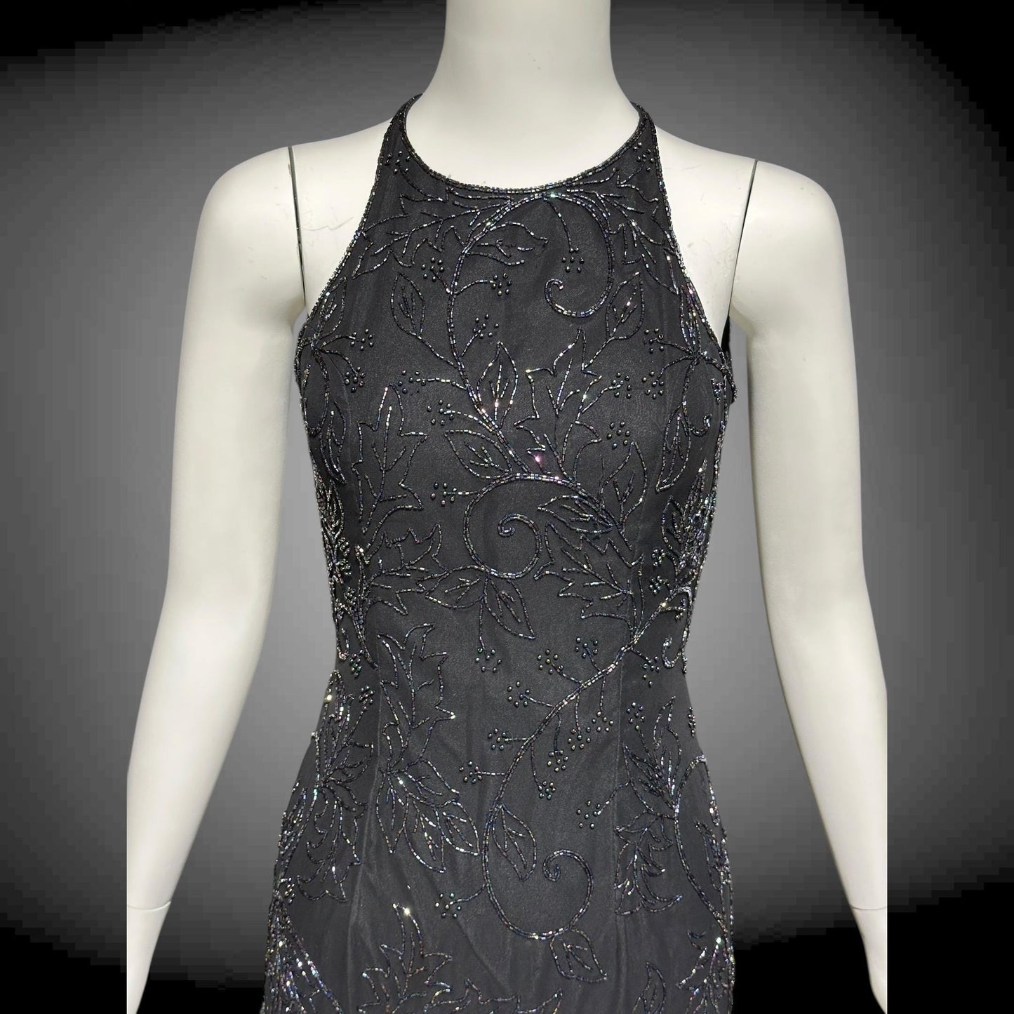 CACHE vintage 1990s evening dress, Bodycon black beaded racer back sheath slip dress, backless cocktail party dress