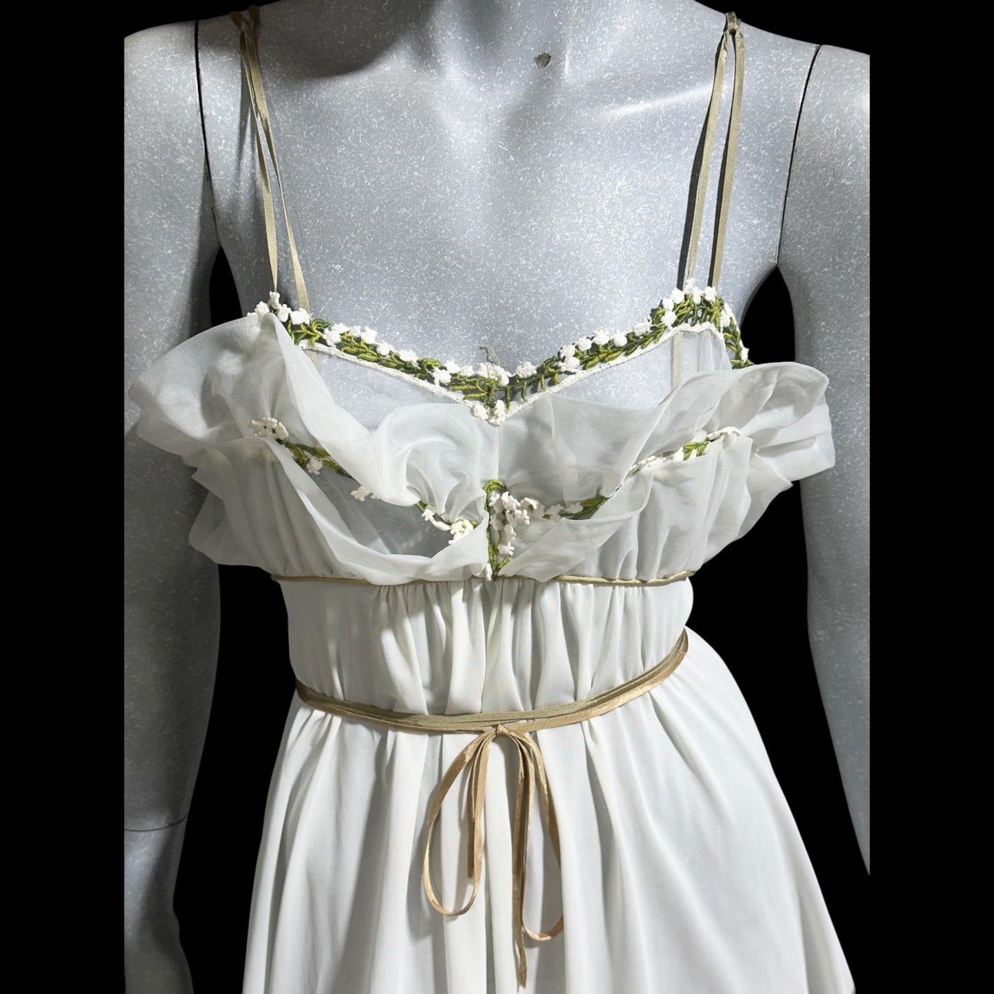 EYEFUL vintage 1950s nightgown slip dress, ethereal fairy garden nymph white nylon w/ lilies of the valley