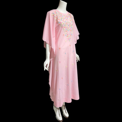1970s vintage caftan dress, baby pink cotton, embroidered field of flowers, floral and cutwork Kaftan