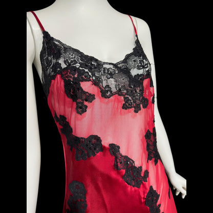 FREDERICK'S Attributed, vintage 1980s Slip Dress, Red and black satin and sheer mesh, lace and sequins, sheath night dress
