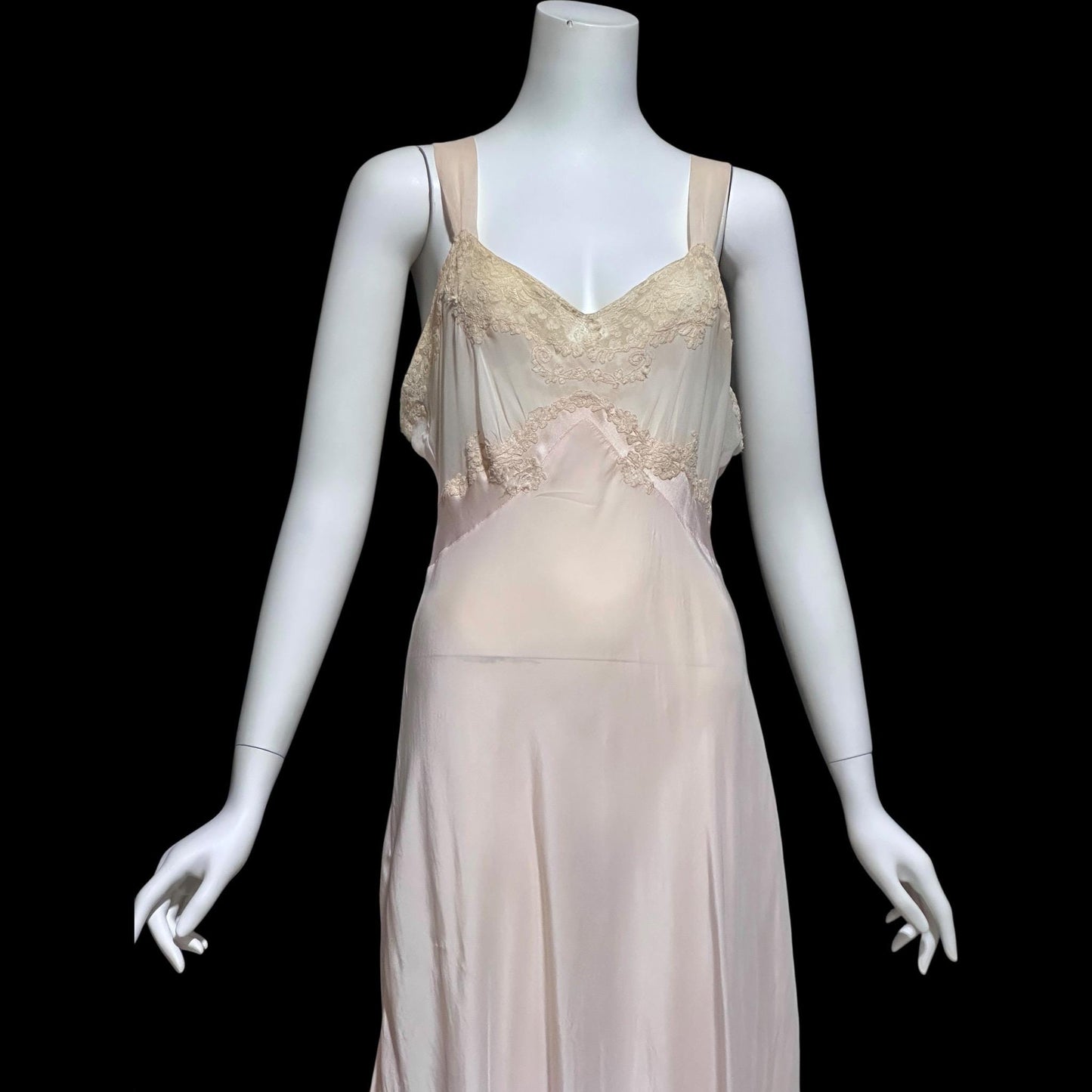 1930s Rayon & Silk Slip Dress: Vintage Bias Cut Pale Pink Nightgown, Lace Trim