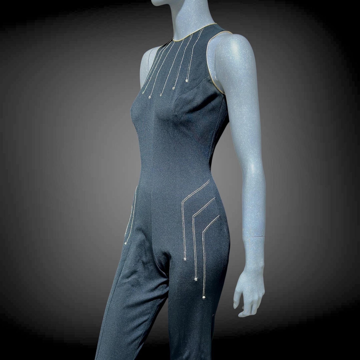 ESTIVO vintage 1970s bell bottom jumpsuit, black poly knit disco jumpsuit, embroidery & rhinestones