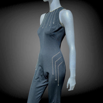 ESTIVO vintage 1970s bell bottom jumpsuit, black poly knit disco jumpsuit, embroidery & rhinestones