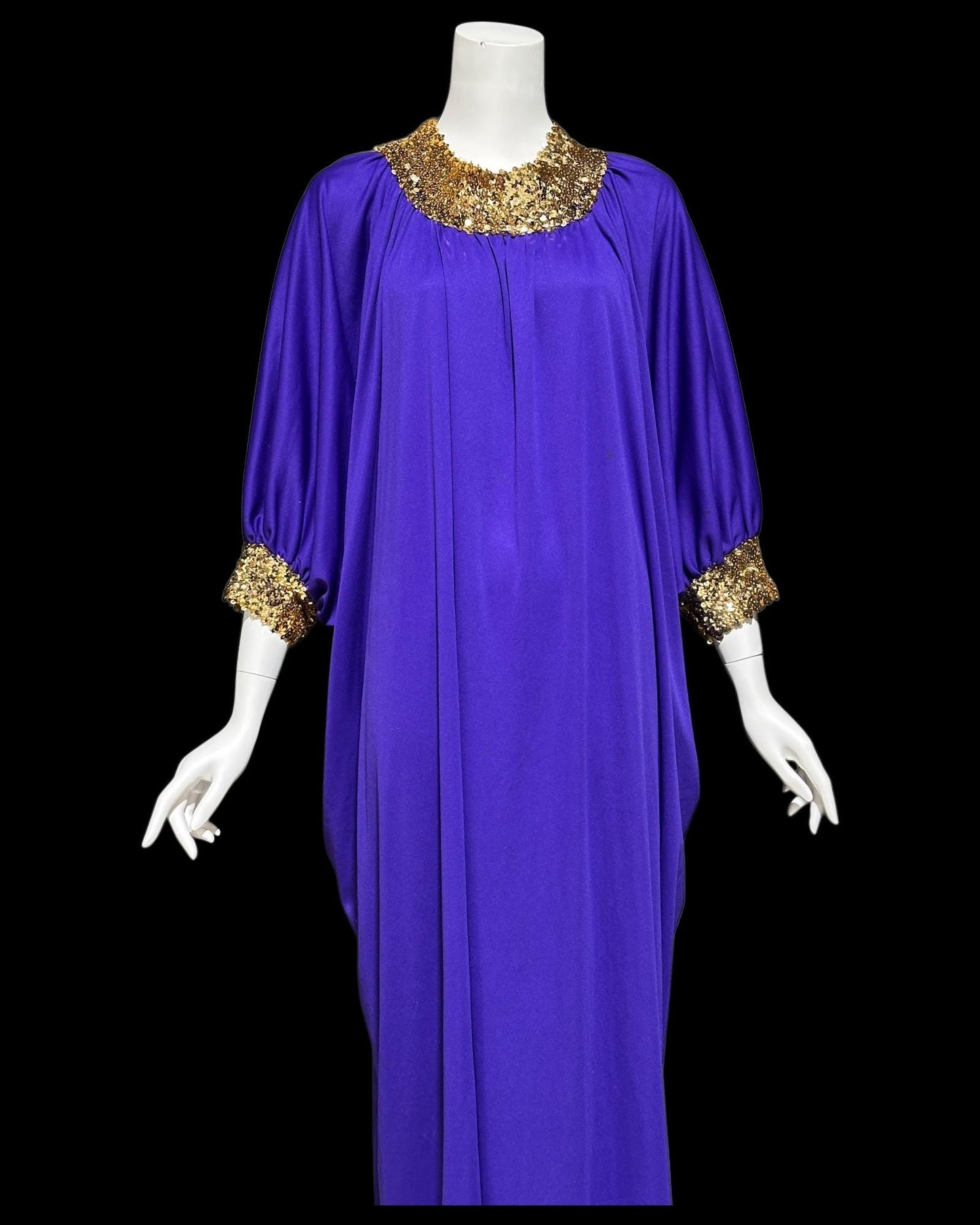 1970s vintage caftan dress, purple polyester batwing and sequin hostess evening dress