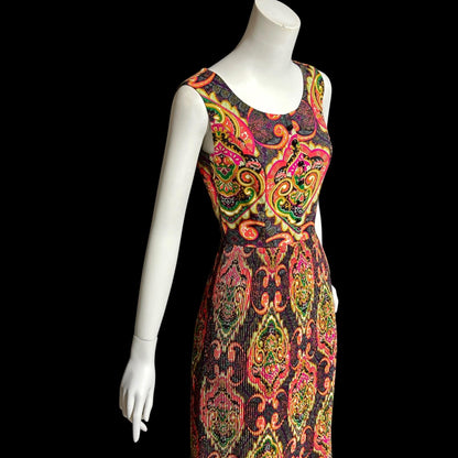 FRED ROTHECHILD, vintage 1970s maxi dress, micro pleated skirt, neon op art paisley, casual day hippie boho dress